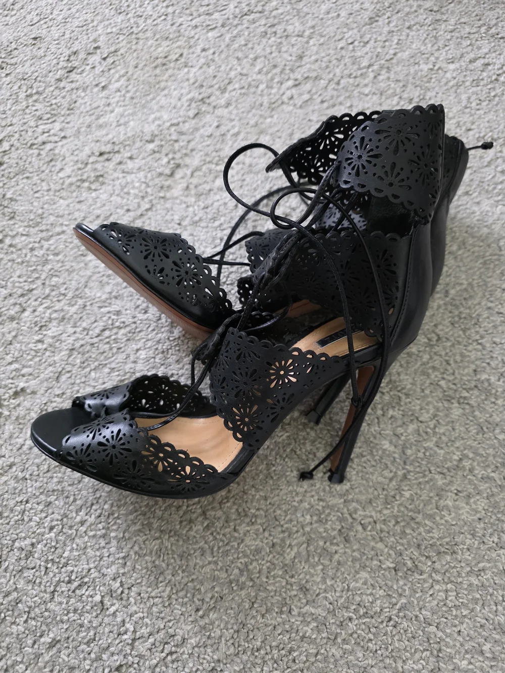 SCHUTZ Black Laser-Cut Lace-Up High Heels